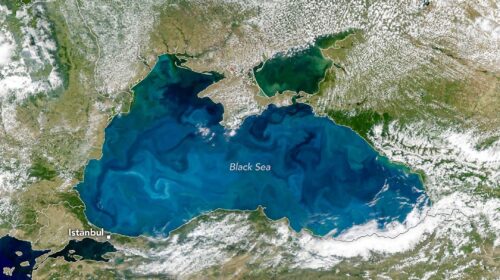 NASA PACE satellite image of turquoise coccolithophore bloom in the Black Sea